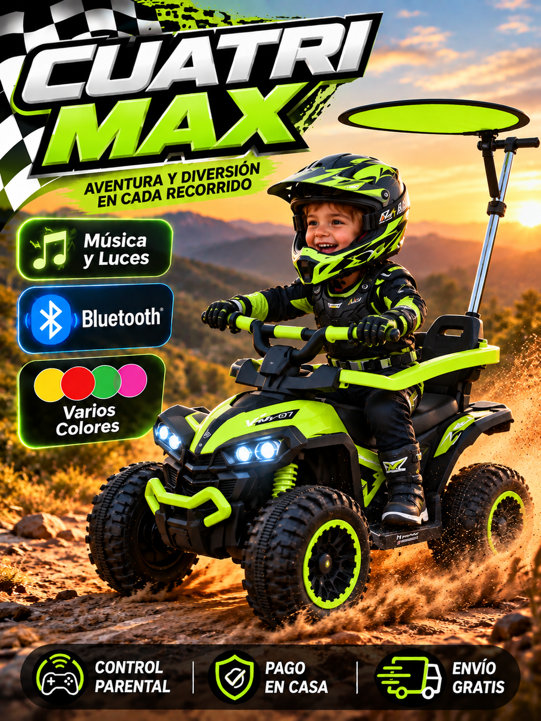 CUATRIMAX X4 | Cuatrimoto Eléctrica Infantil con Control Parental, Bluetooth, Música y Luces.