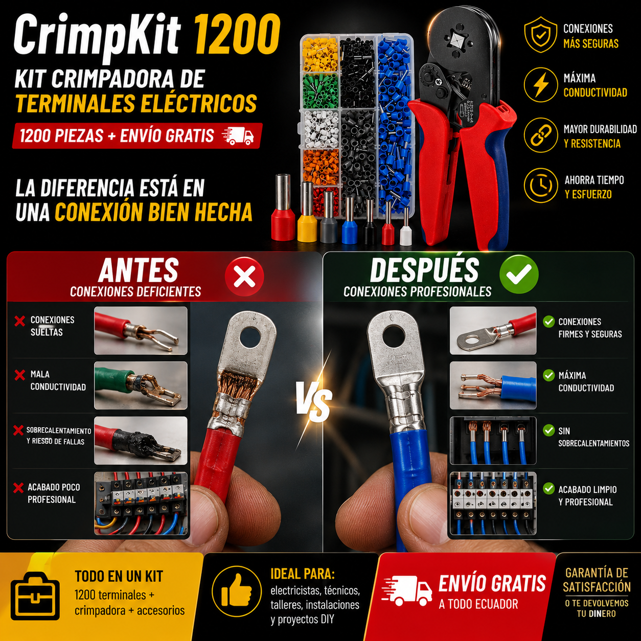 CrimpKit 1200 | Kit Crimpadora De Terminales Eléctricos 1200 Piezas + Envío Gratis