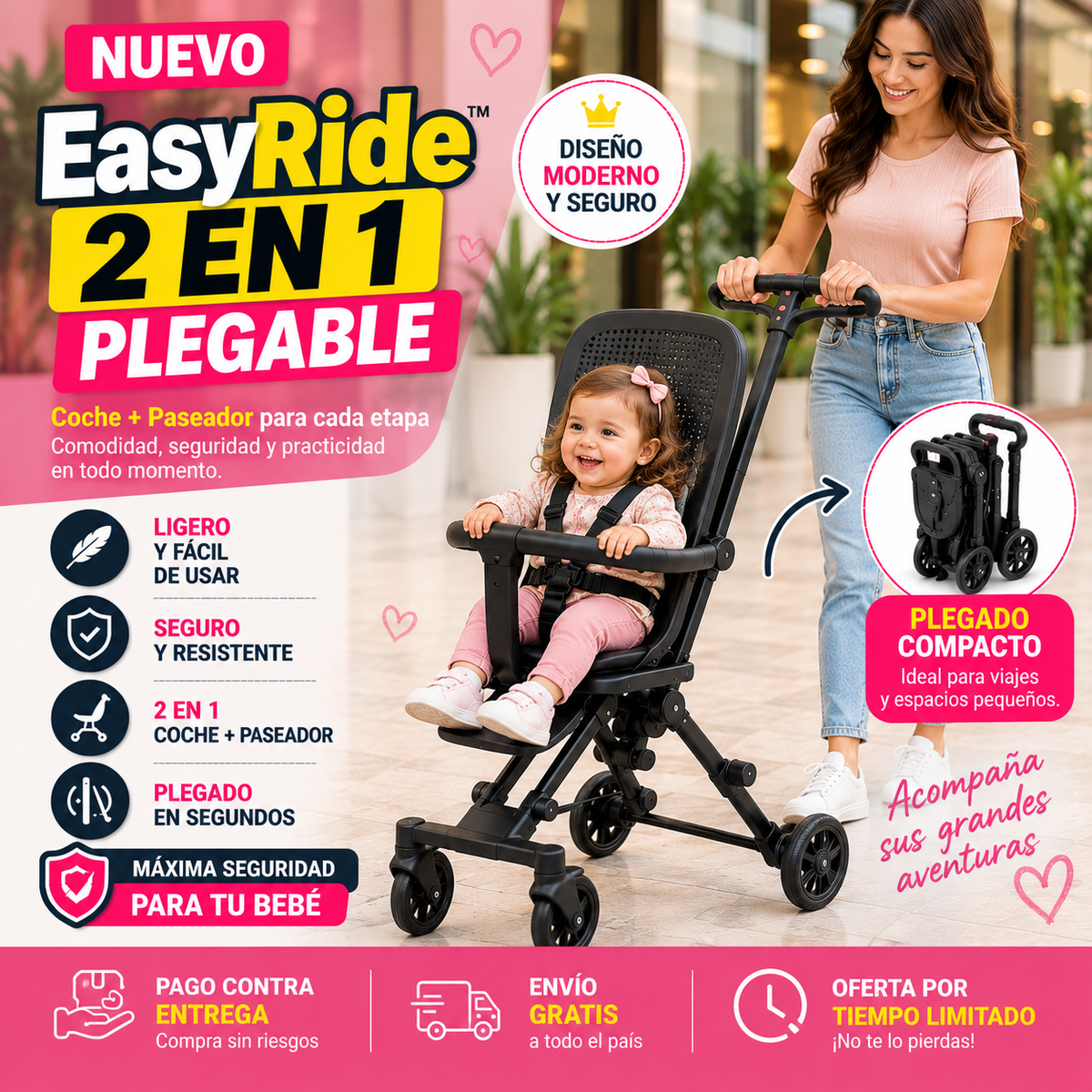 Easy Ride | Coche 2 en 1 Plegable Paseador - 50% de Descuento + Envío Gratis