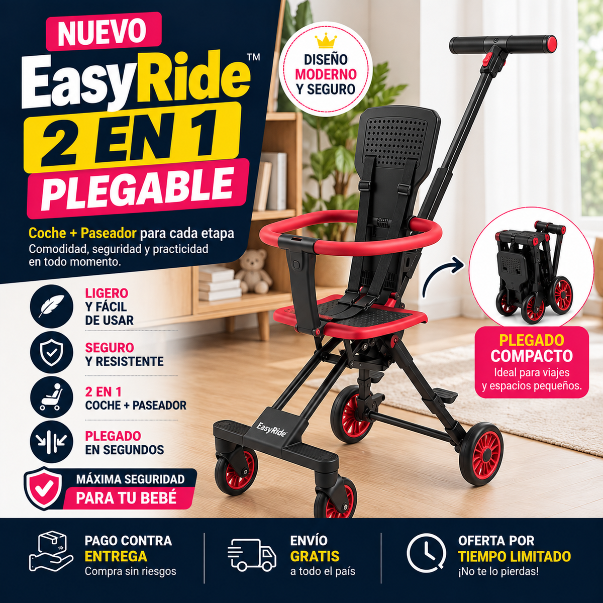 Easy Ride | Coche 2 en 1 Plegable Paseador - 50% de Descuento + Envío Gratis