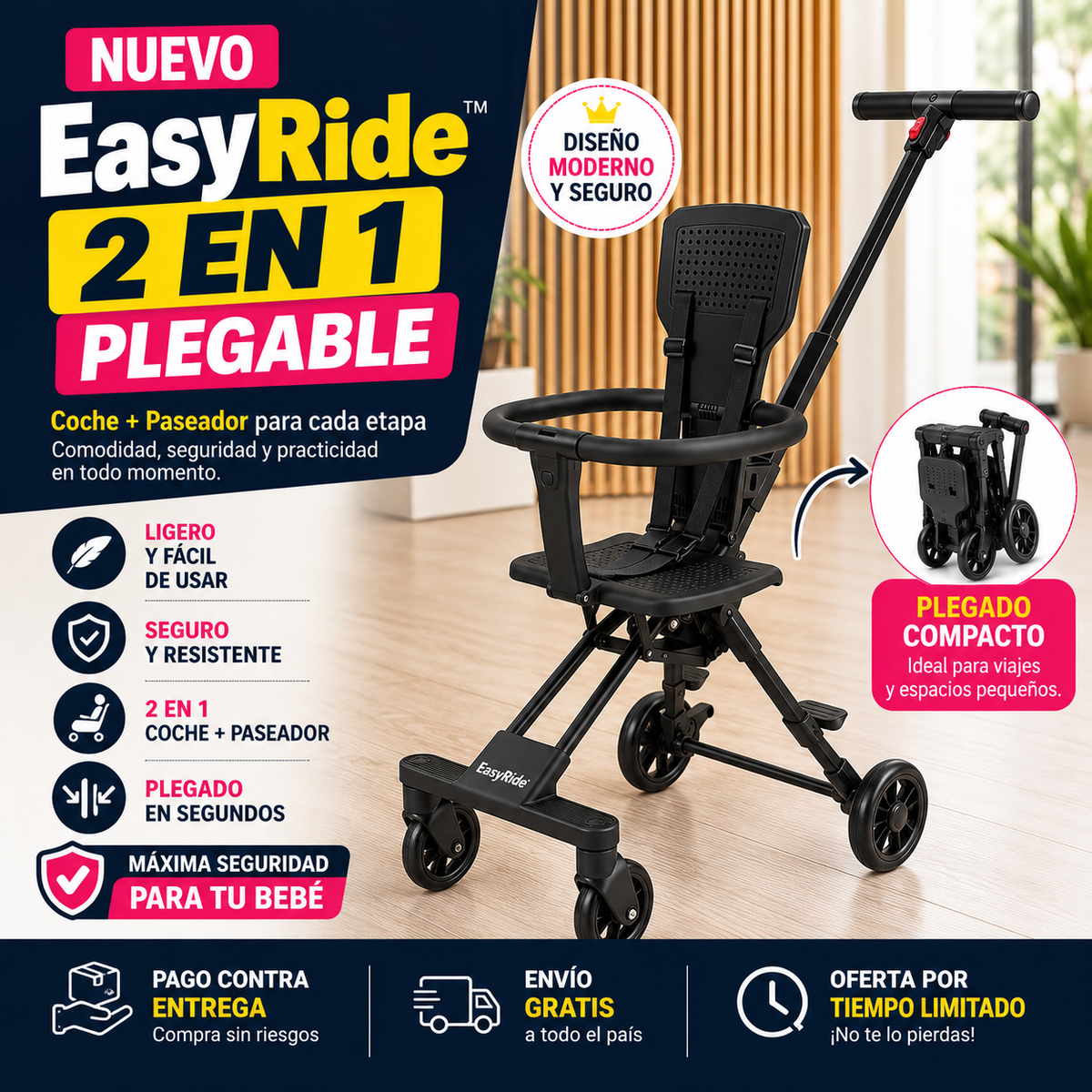 Easy Ride | Coche 2 en 1 Plegable Paseador - 50% de Descuento + Envío Gratis