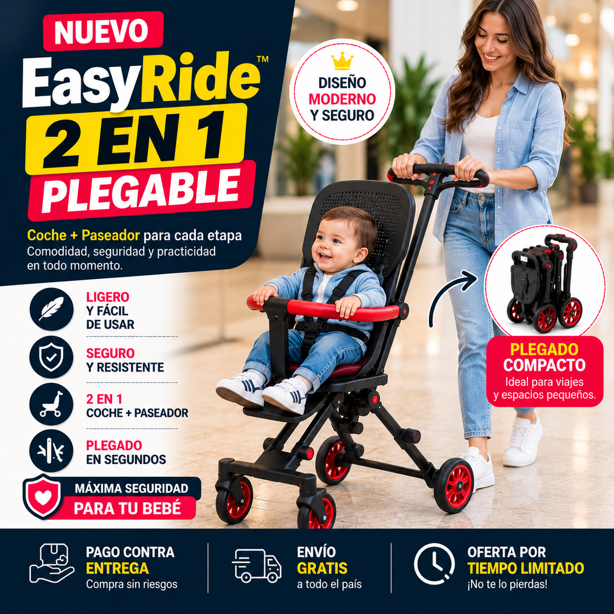 Easy Ride | Coche 2 en 1 Plegable Paseador - 50% de Descuento + Envío Gratis