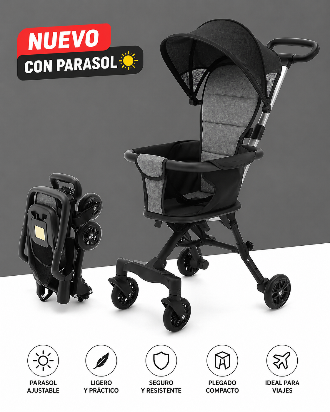 PequeRuedas | Coche 2 en 1 Plegable Paseador con Parasol- 50% de Descuento + Envío Gratis