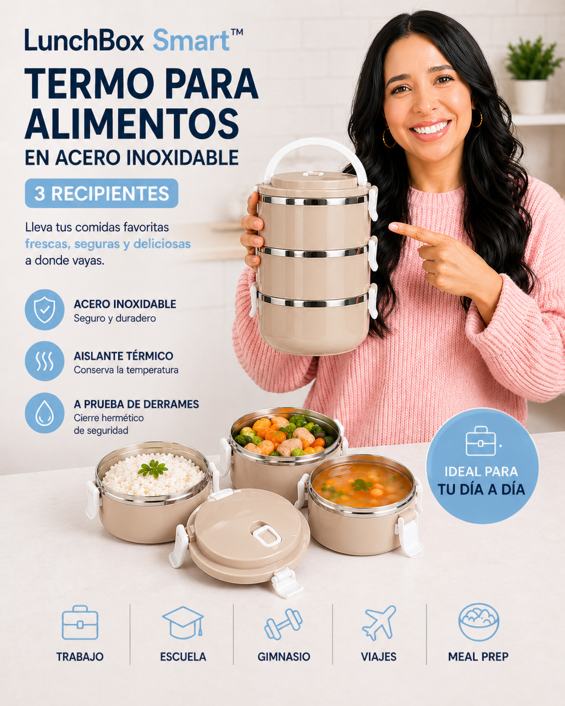LunchBox Smart™| TERMO PARA ALIMENTOS EN ACERO INOXIDABLE 3 RECIPIENTES