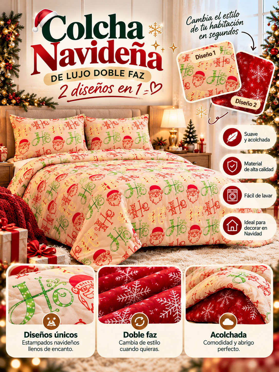 Colcha Navideña de Lujo Doble Faz | 2 Diseños en 1